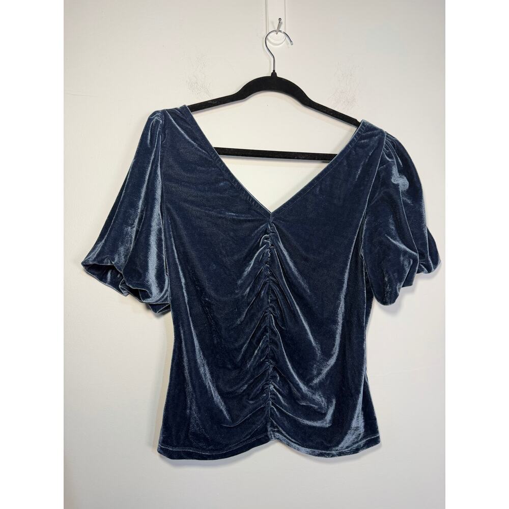 Free People Cupcake Velvet Top Size Large Outerspace Blue Ruched Puff Sleeve - Picture 2 of 6